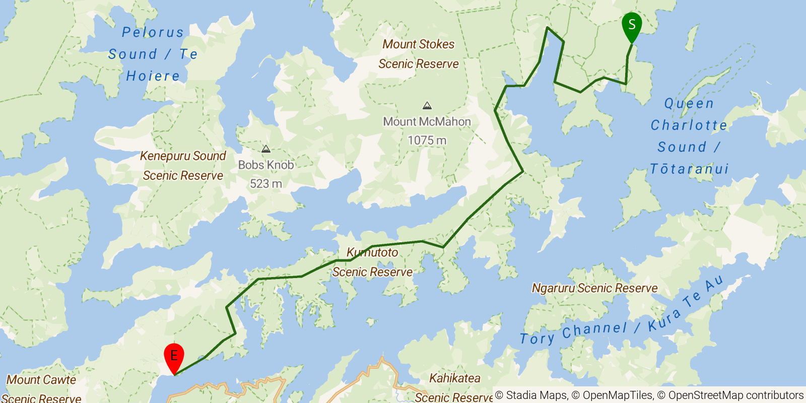 Route map of the Te Araroa South Island — Section Queen Charlotte Track: Ship Cove to Anakiwa on OpenStreetMap terrain