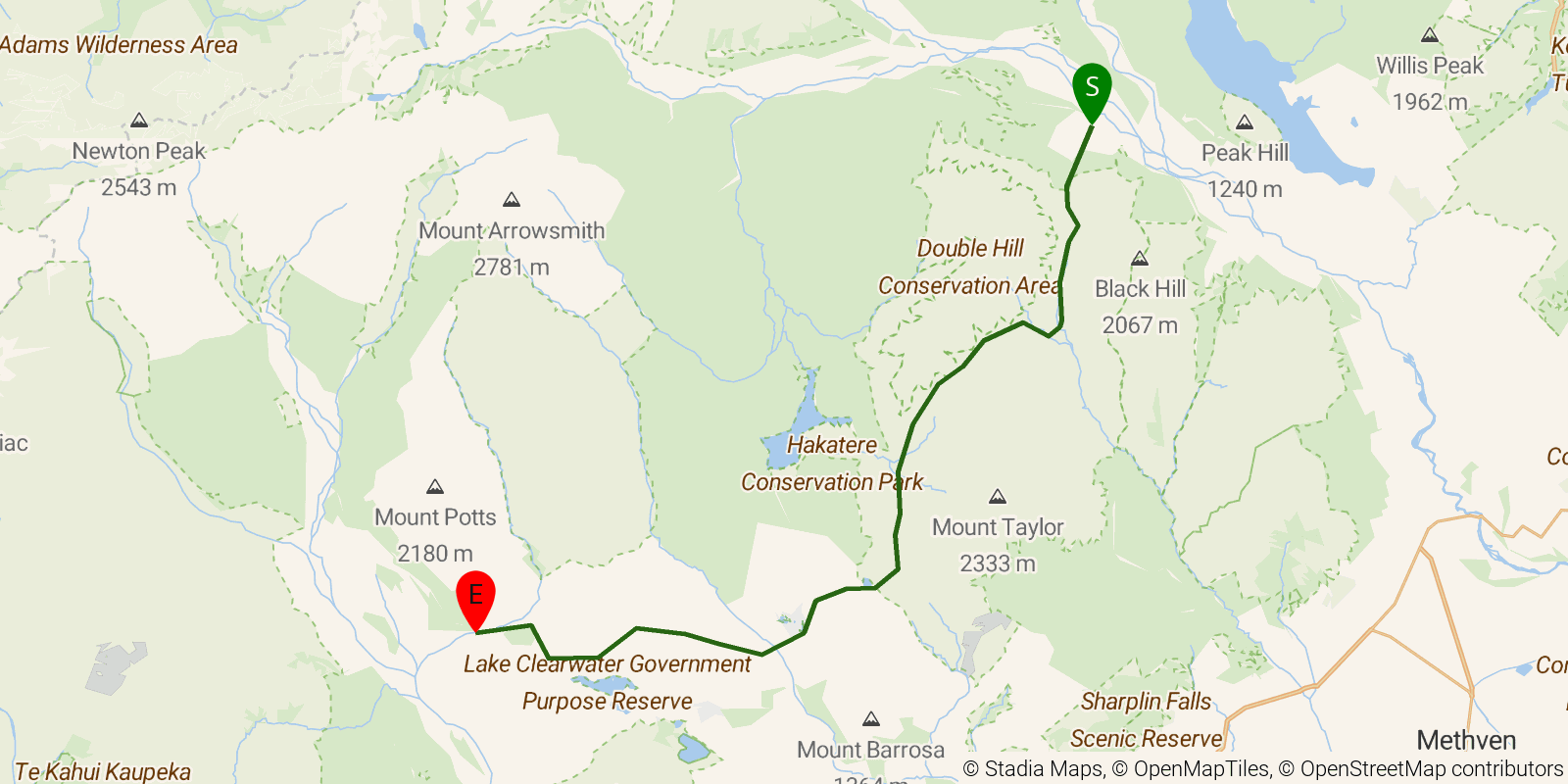 Route map of the Te Araroa South Island — Section Rakaia River to Rangitata River: Rakaia south-bank trail terminus to Rangitata north-bank trail terminus on OpenStreetMap terrain