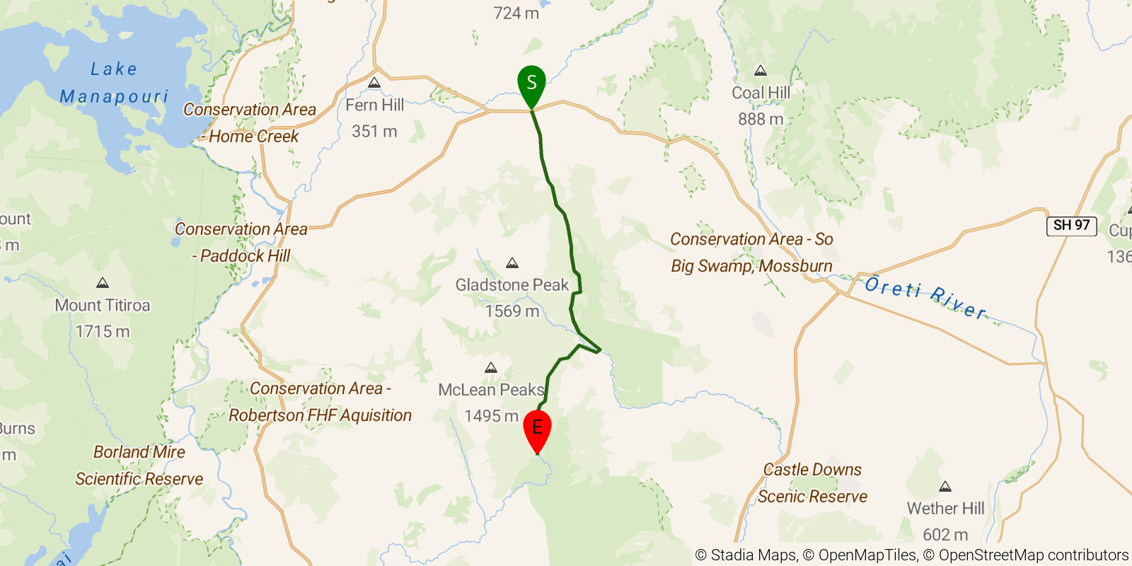 Route map of the Te Araroa South Island — Section Takitimu Track a: Princhester Road to Lower Wairaki Hut on OpenStreetMap terrain