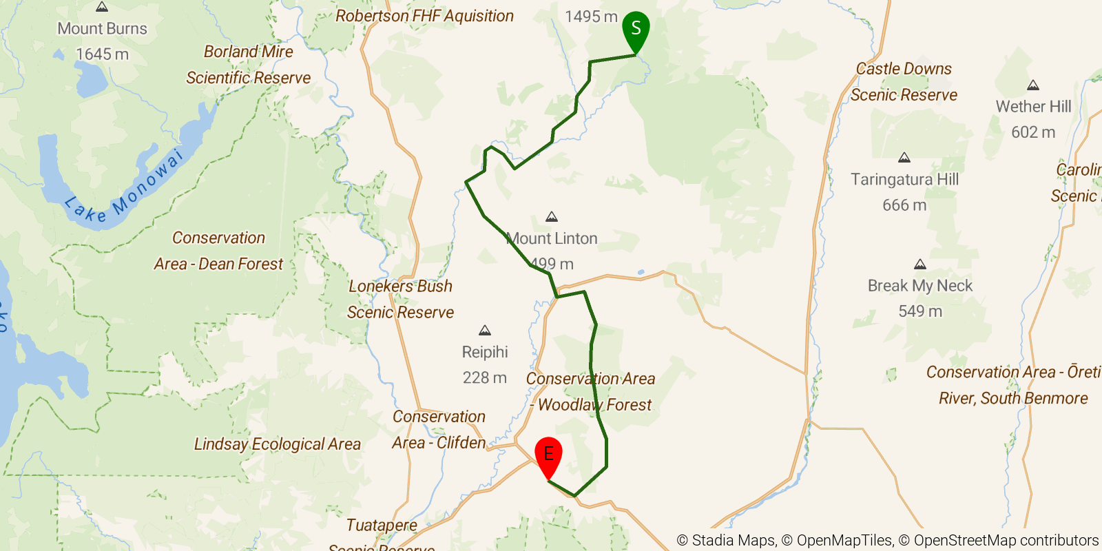Route map of the Te Araroa South Island — Section Takitimu Track b / Birchwood to Merrivale: Lower Wairaki Hut to Merrivale on OpenStreetMap terrain