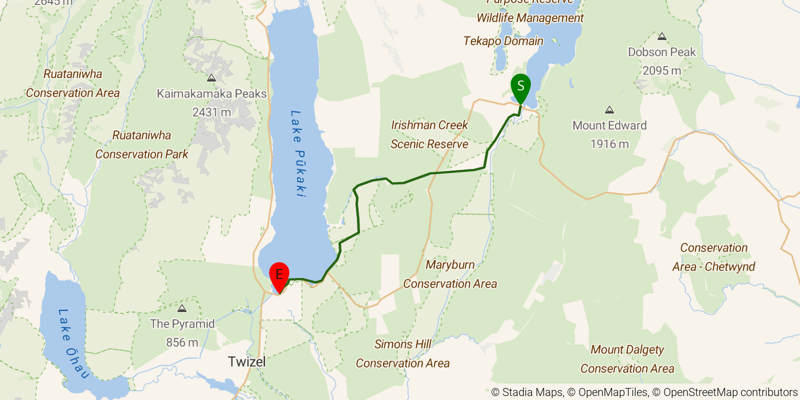 Route map of the Te Araroa South Island — Section Tekapo to Lake Ohau a: Lake Tekapo to Pukaki Canal crossing on OpenStreetMap terrain