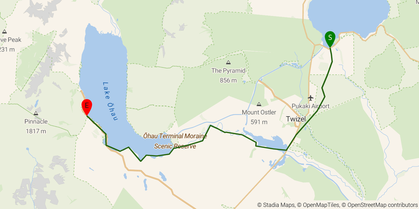 Route map of the Te Araroa South Island — Section Tekapo to Lake Ohau b: Pukaki Canal crossing to Lake Ohau on OpenStreetMap terrain