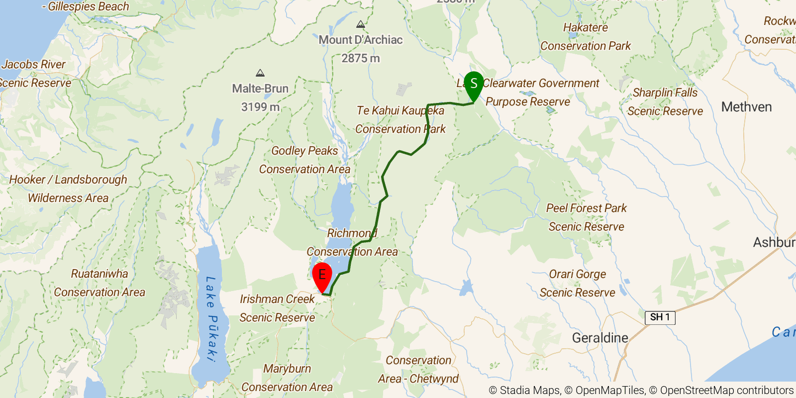 Route map of the Te Araroa South Island — Section Two Thumb Track: Rangitata south-bank trail terminus to Lake Tekapo on OpenStreetMap terrain
