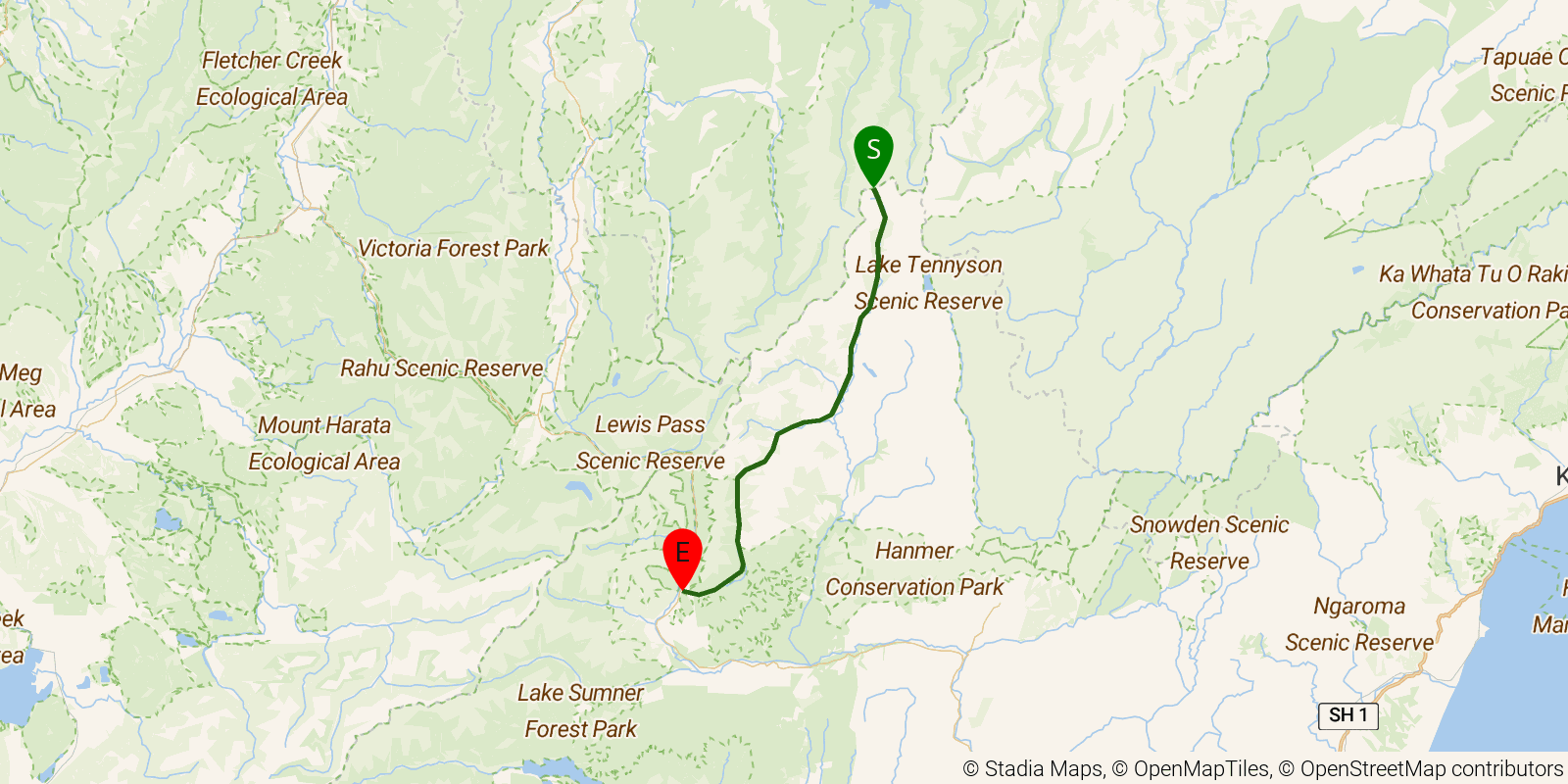 Route map of the Te Araroa South Island — Section Waiau Pass Track b: Waiau Pass to Boyle Village on OpenStreetMap terrain