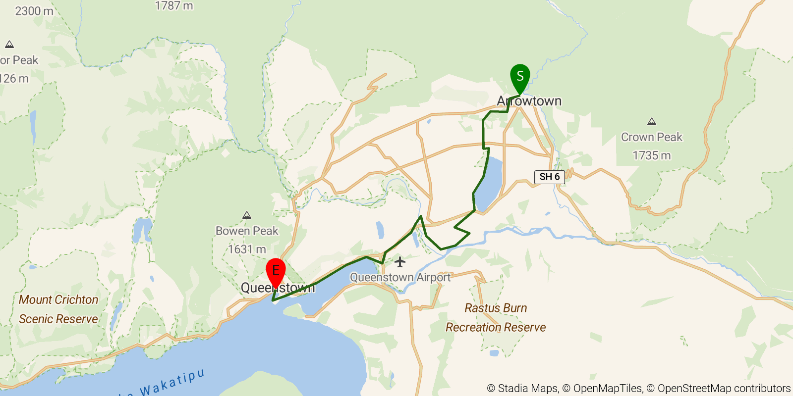 Route map of the Te Araroa South Island — Section Wakatipu Track: Arrowtown to Queenstown on OpenStreetMap terrain