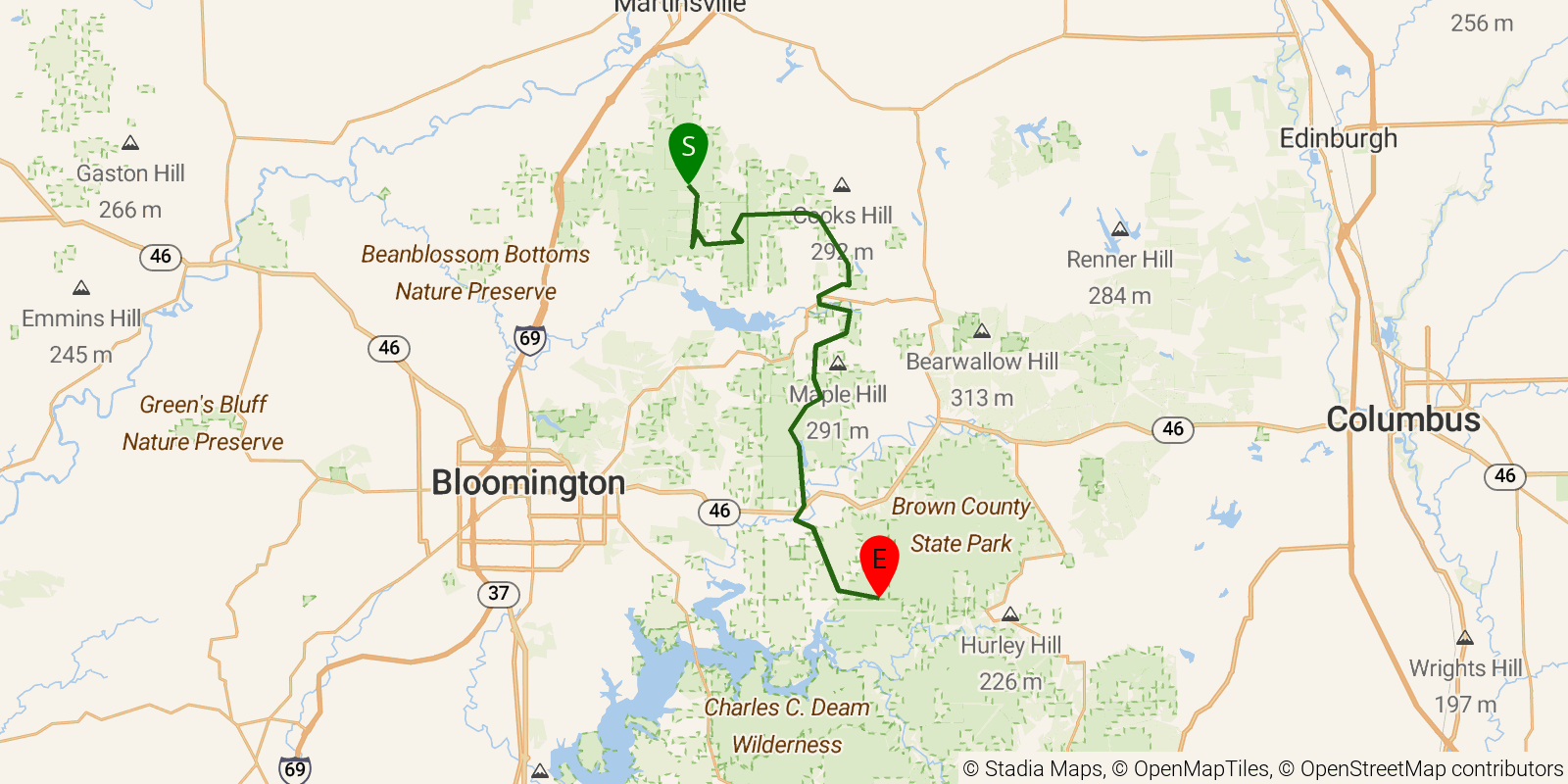 Route map of the Tecumseh Trail on OpenStreetMap terrain