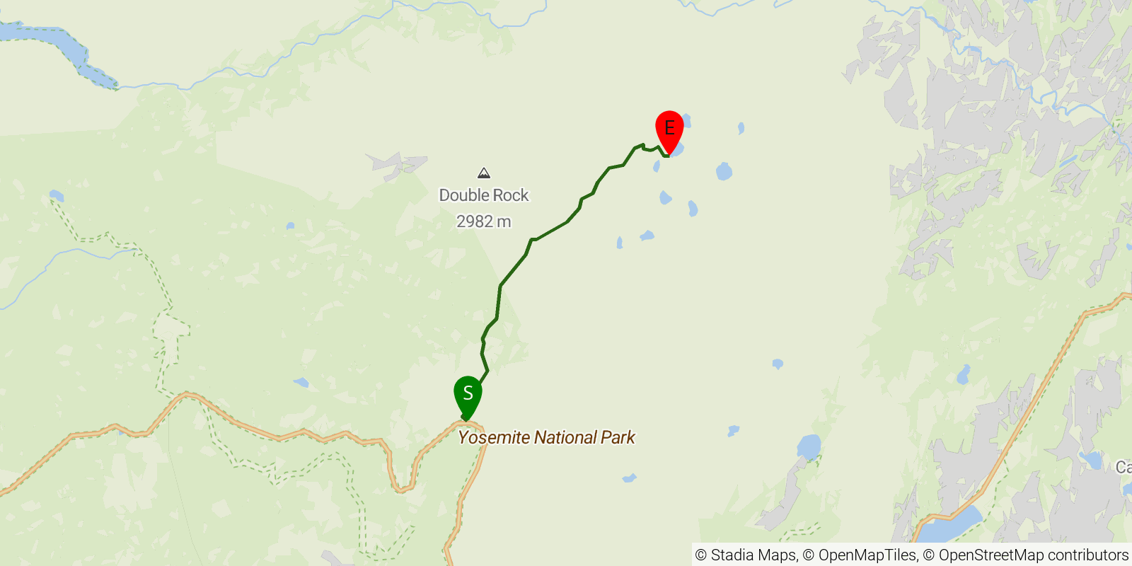 Route map of the Ten Lakes Trail on OpenStreetMap terrain