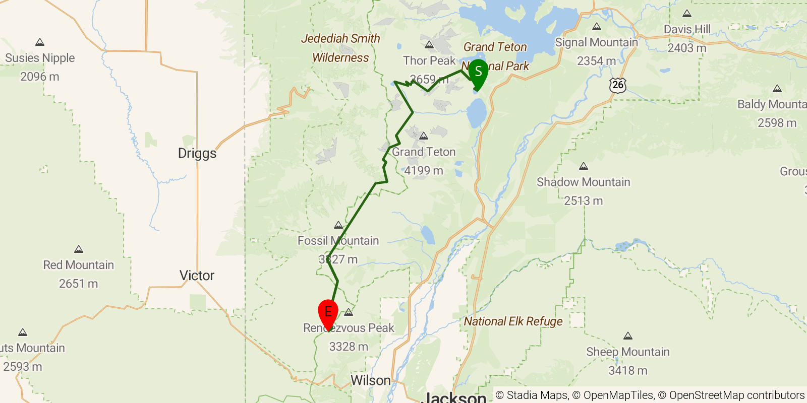 Route map of the Teton Crest Trail on OpenStreetMap terrain