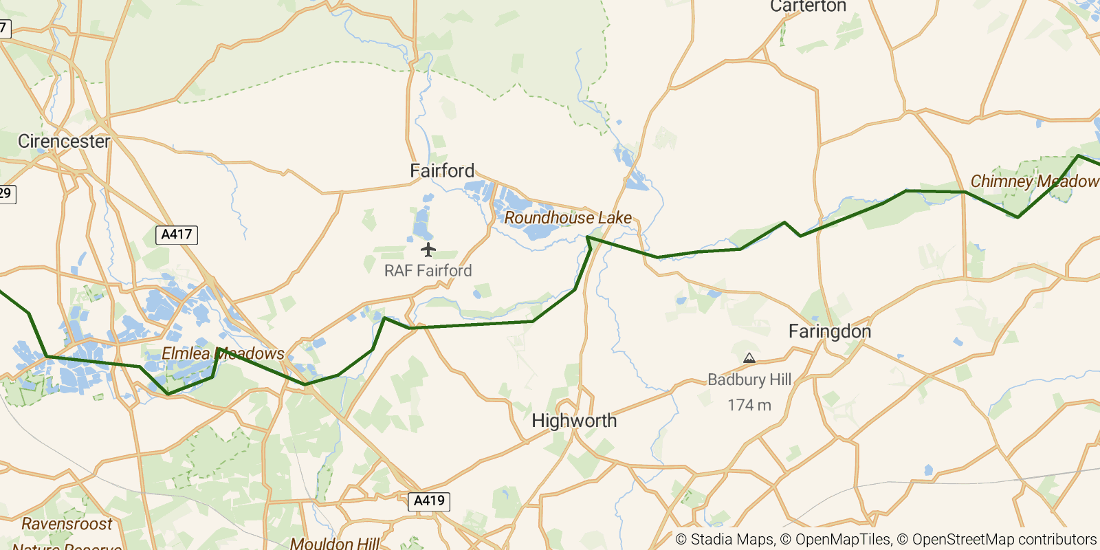 Route map of the Thames Path — Sections 1–3: Thames Head to Newbridge on OpenStreetMap terrain