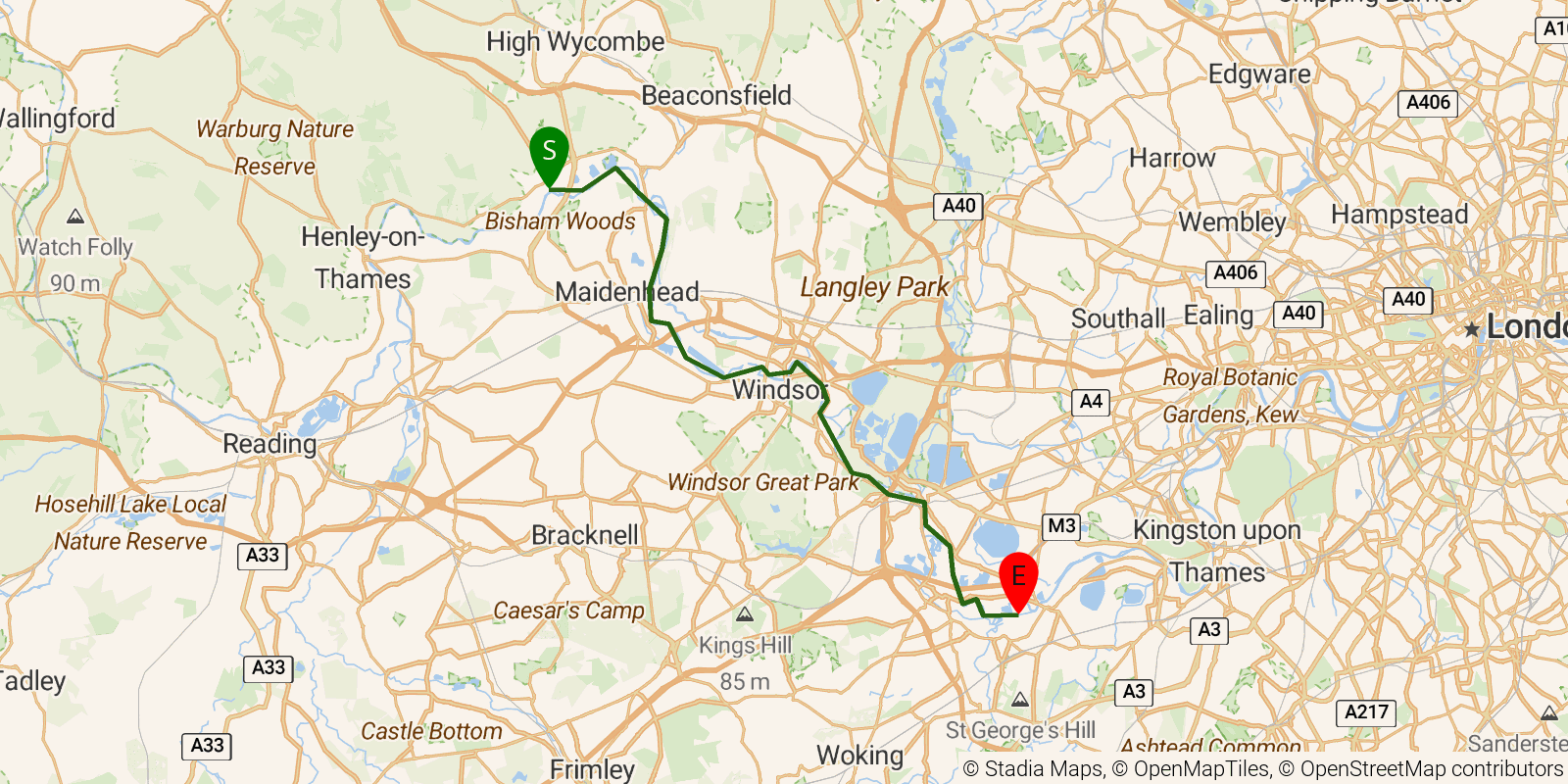 Route map of the Thames Path — Sections 10–11: Marlow to Shepperton on OpenStreetMap terrain