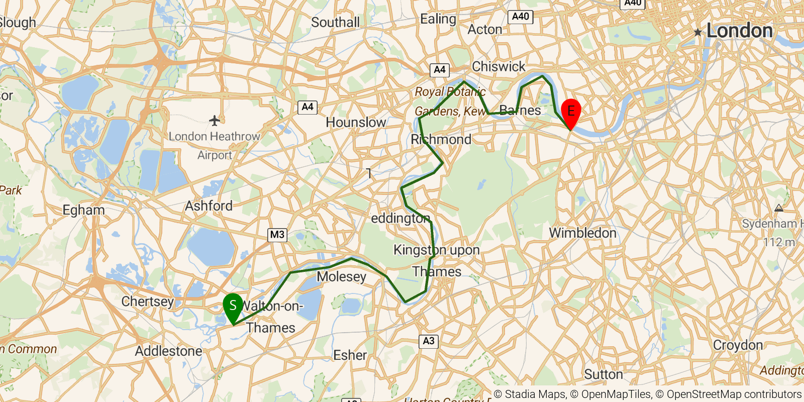 Route map of the Thames Path — Sections 12–13: Shepperton to Putney on OpenStreetMap terrain