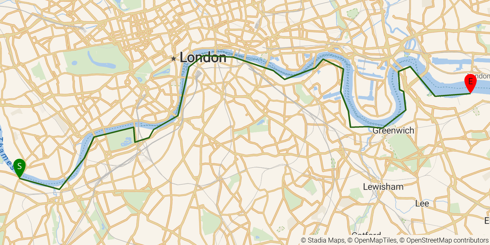 Route map of the Thames Path — Sections 14–15: Putney to Thames Barrier (Woolwich) on OpenStreetMap terrain