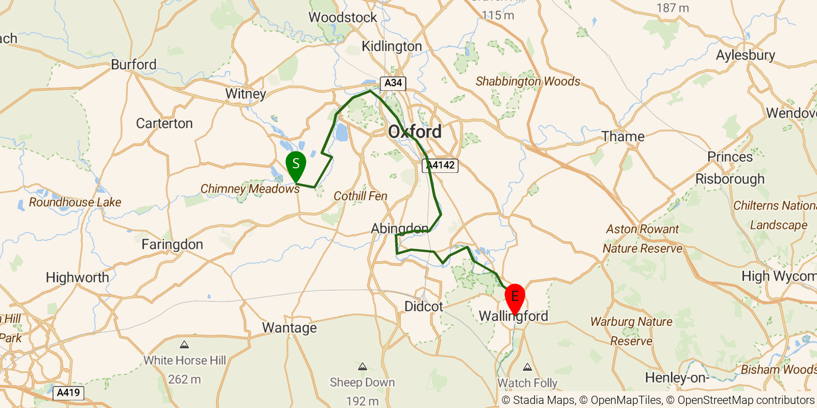 Route map of the Thames Path — Sections 4–6: Newbridge to Wallingford on OpenStreetMap terrain
