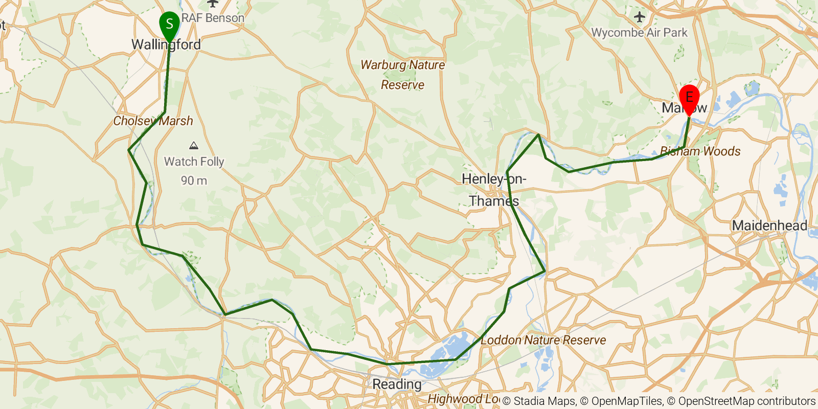 Route map of the Thames Path — Sections 7–9: Wallingford to Marlow on OpenStreetMap terrain