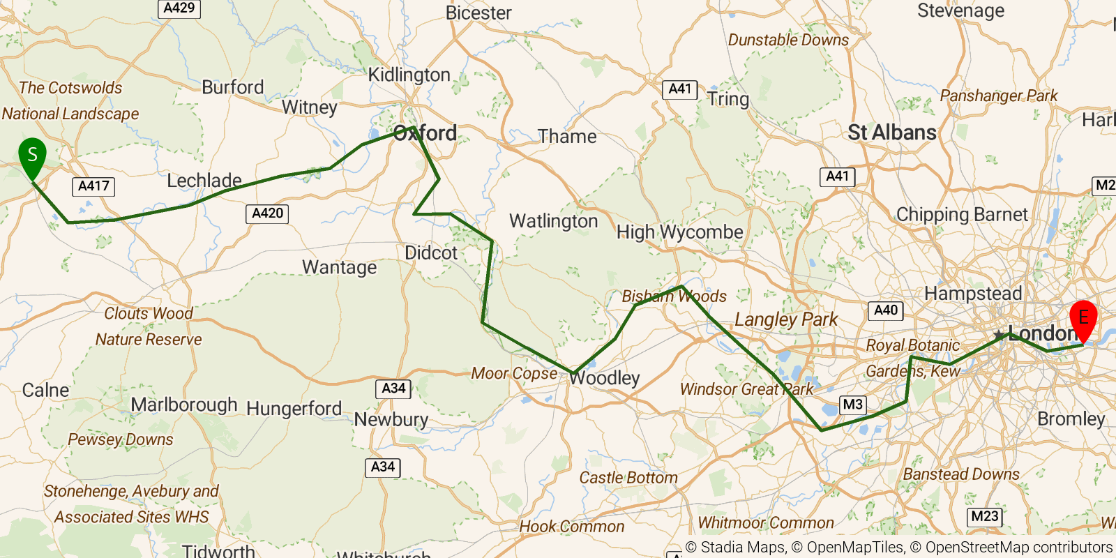 Route map of the Thames Path on OpenStreetMap terrain