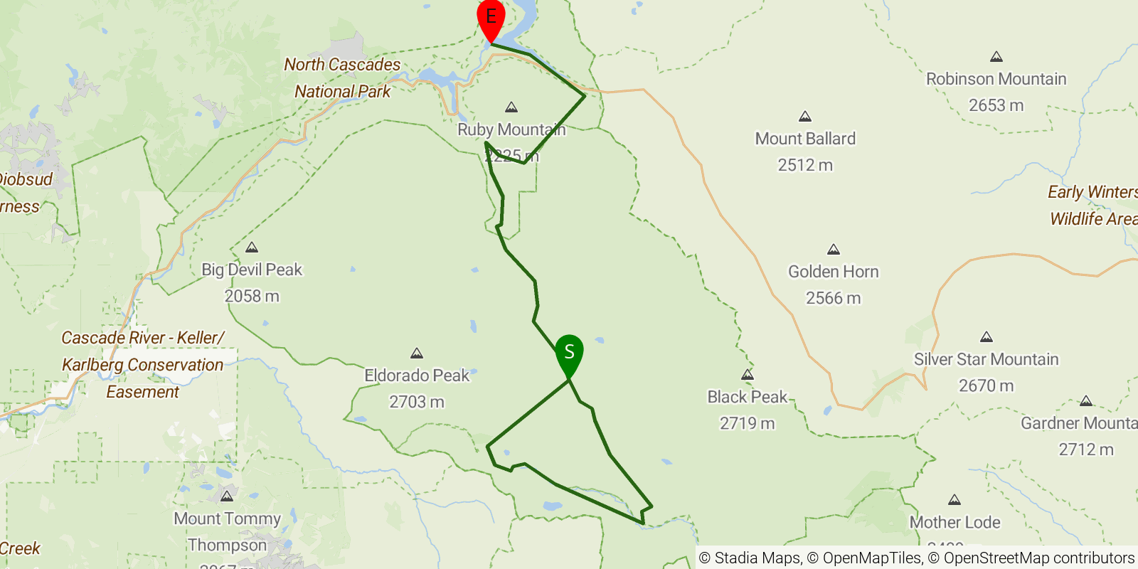 Route map of the The Great North Cascades Traverse on OpenStreetMap terrain