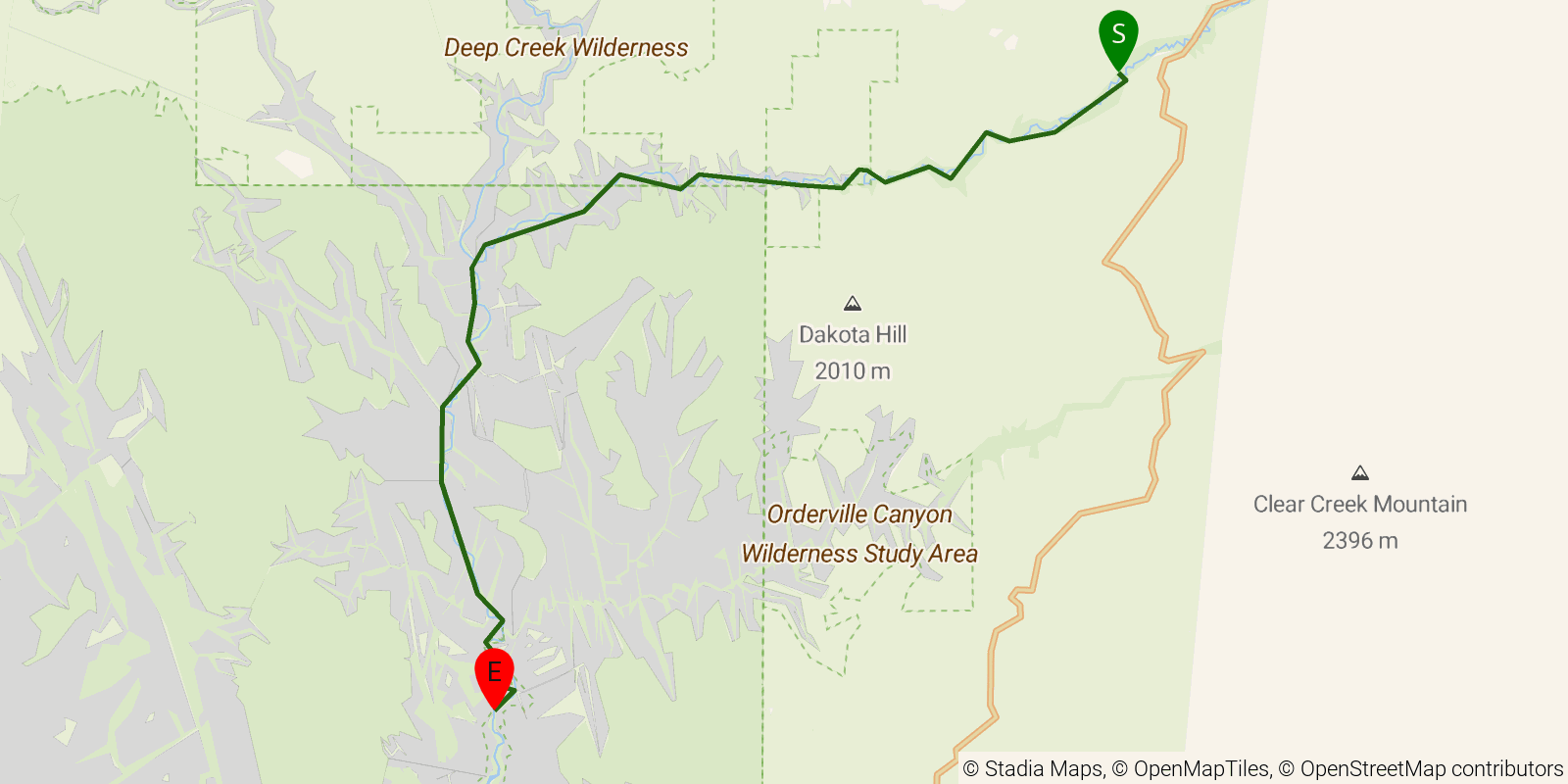 Route map of the The Narrows (Zion) on OpenStreetMap terrain