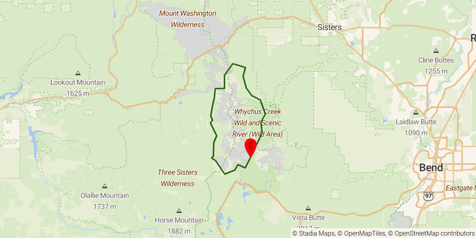 Route map of the Three Sisters Loop on OpenStreetMap terrain