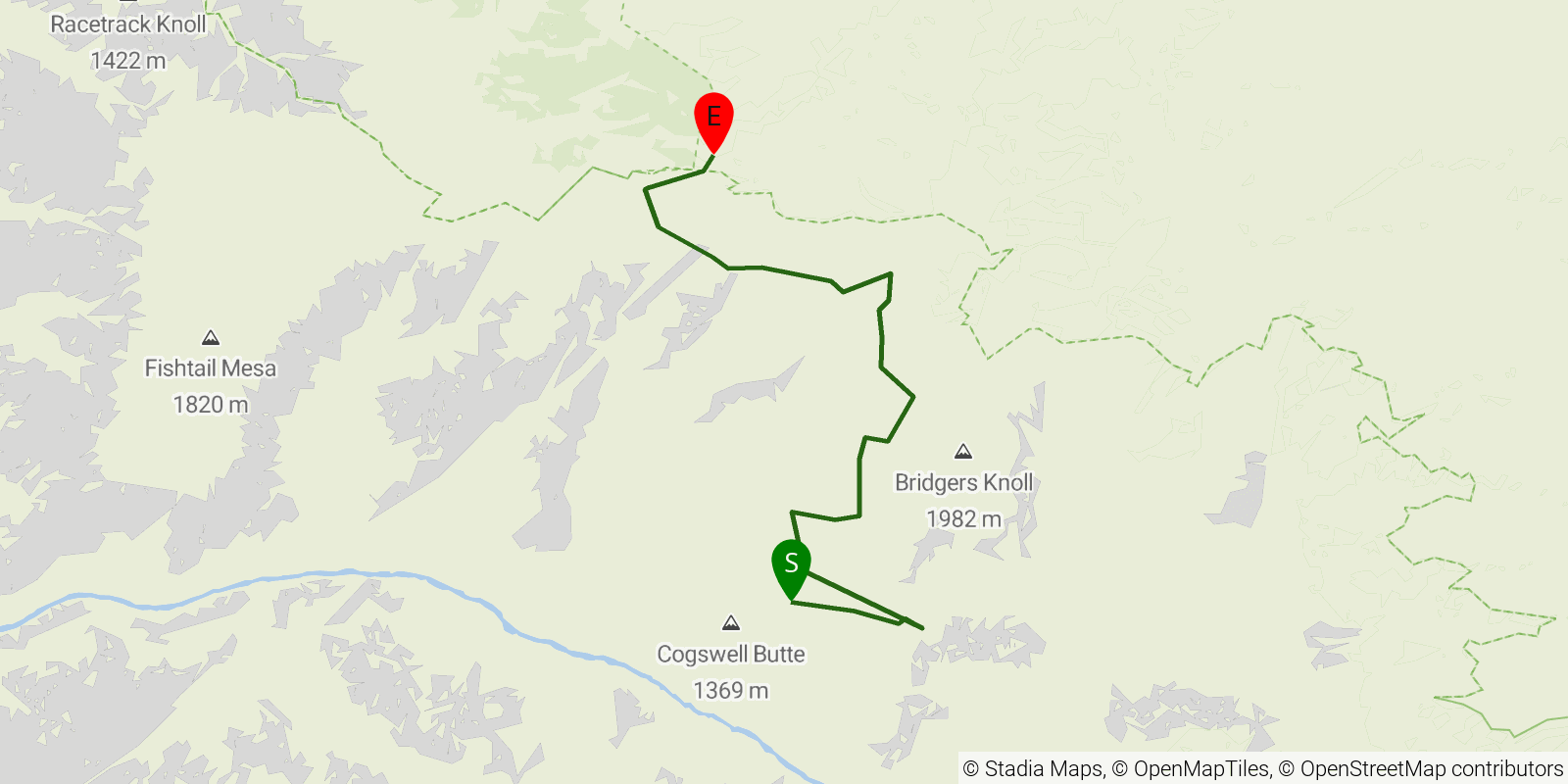 Route map of the Thunder River / Deer Creek on OpenStreetMap terrain
