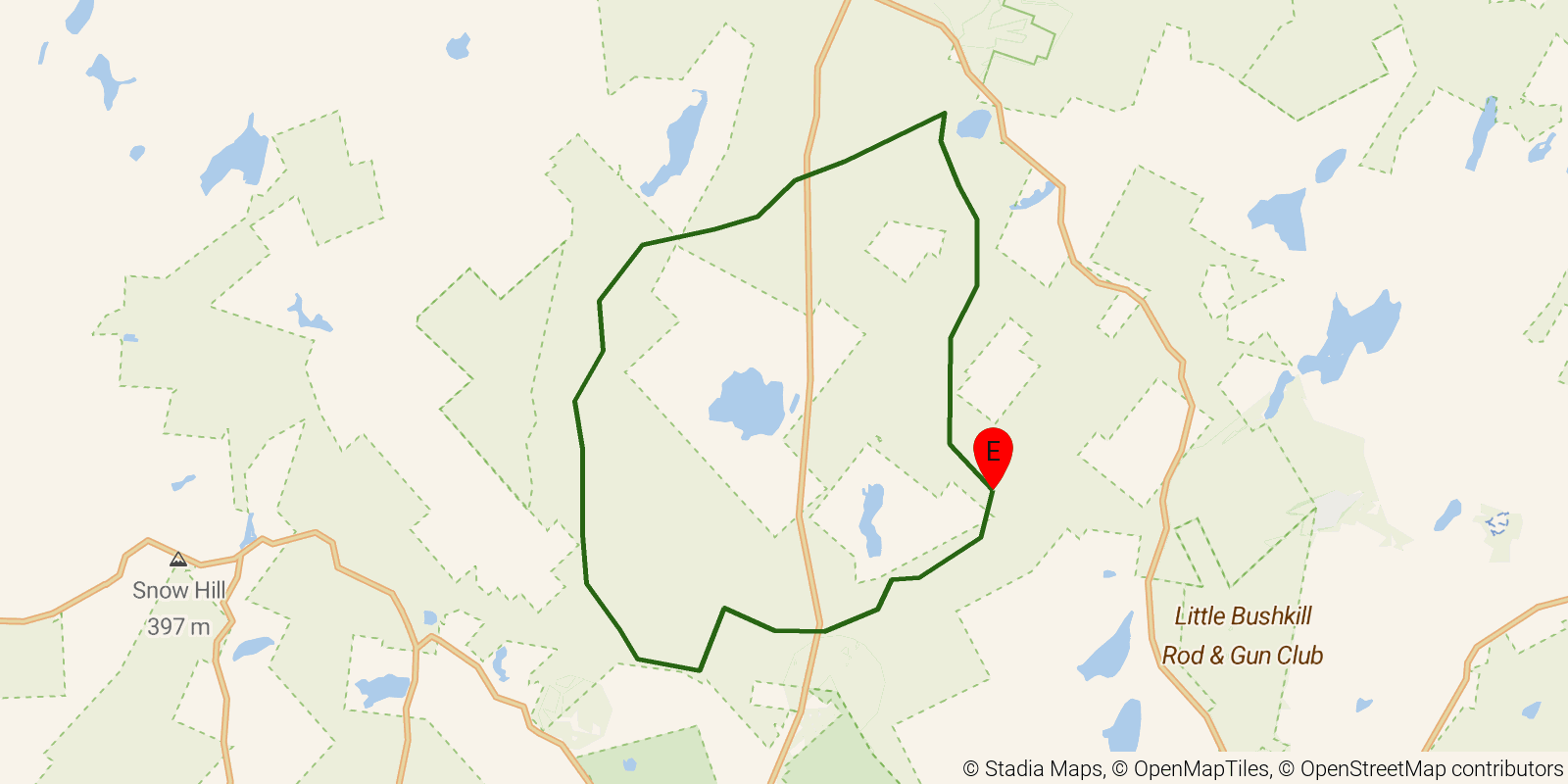 Route map of the Thunder Swamp Trail on OpenStreetMap terrain