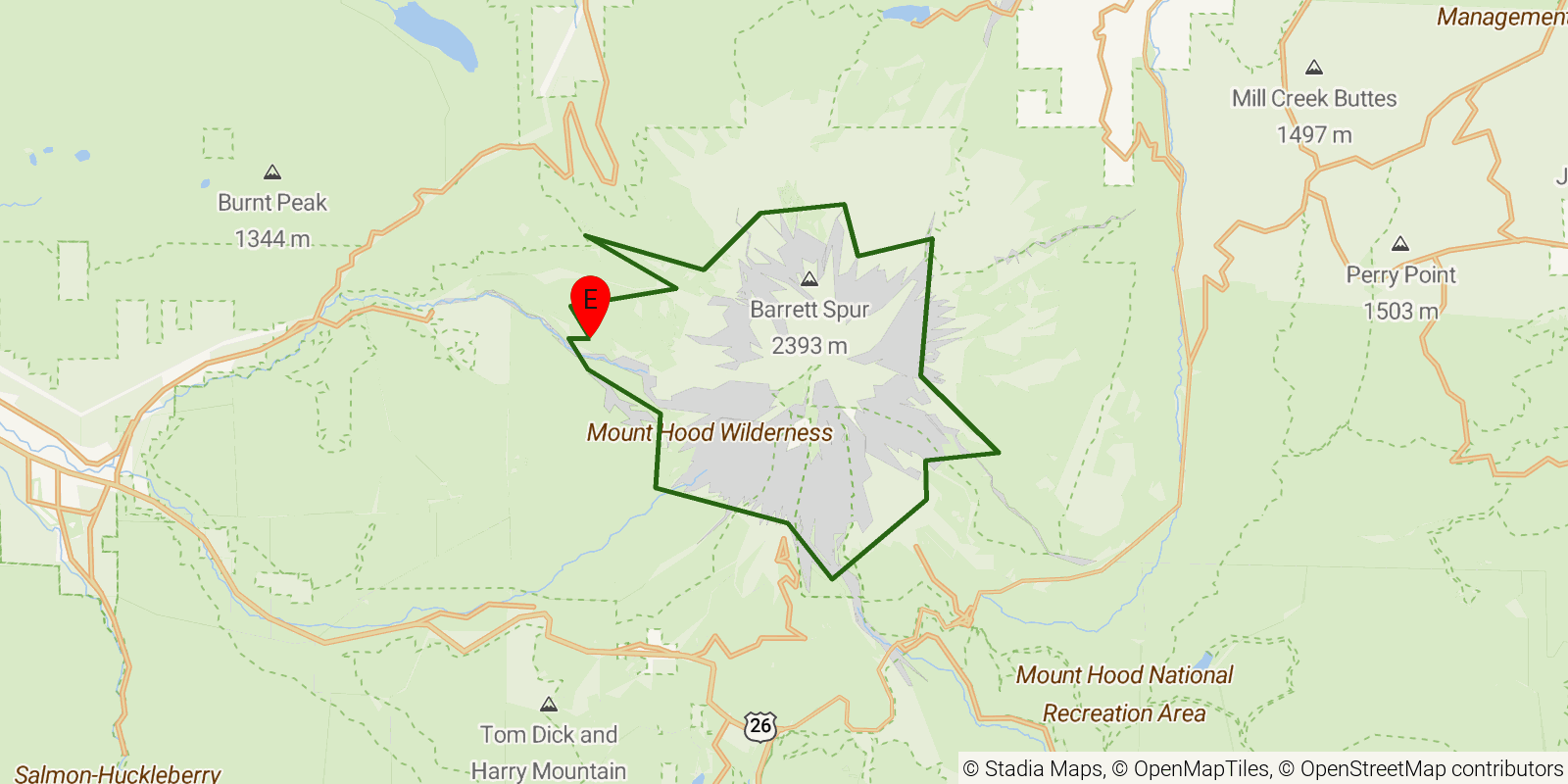Route map of the Timberline Trail on OpenStreetMap terrain