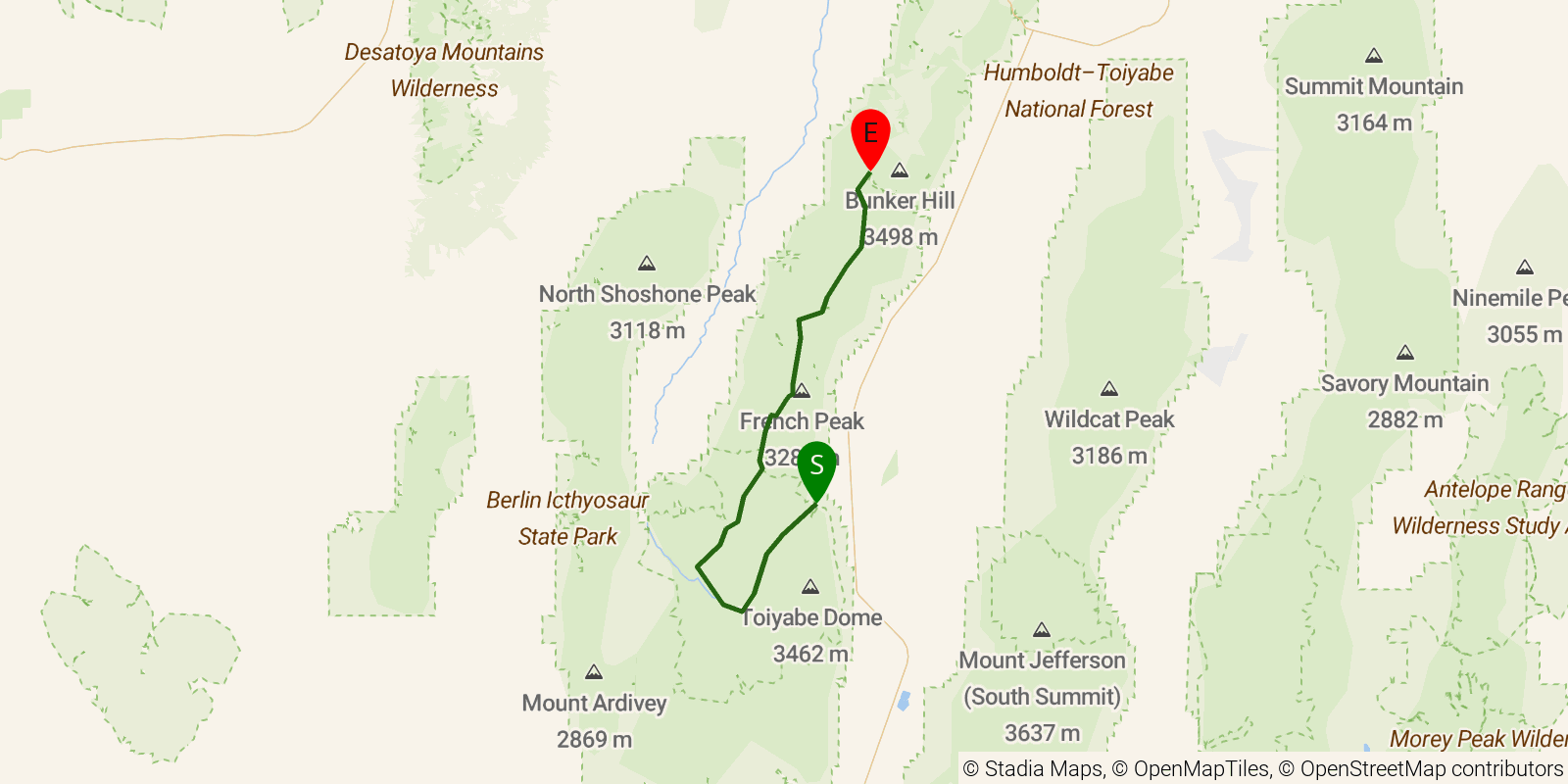 Route map of the Toiyabe Crest Trail on OpenStreetMap terrain
