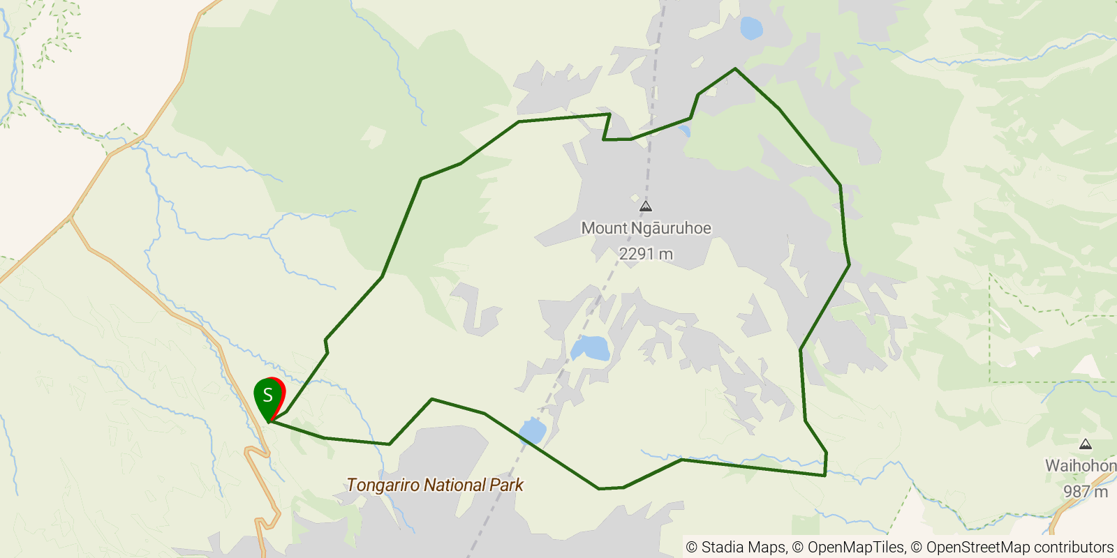 Route map of the Tongariro Northern Circuit on OpenStreetMap terrain