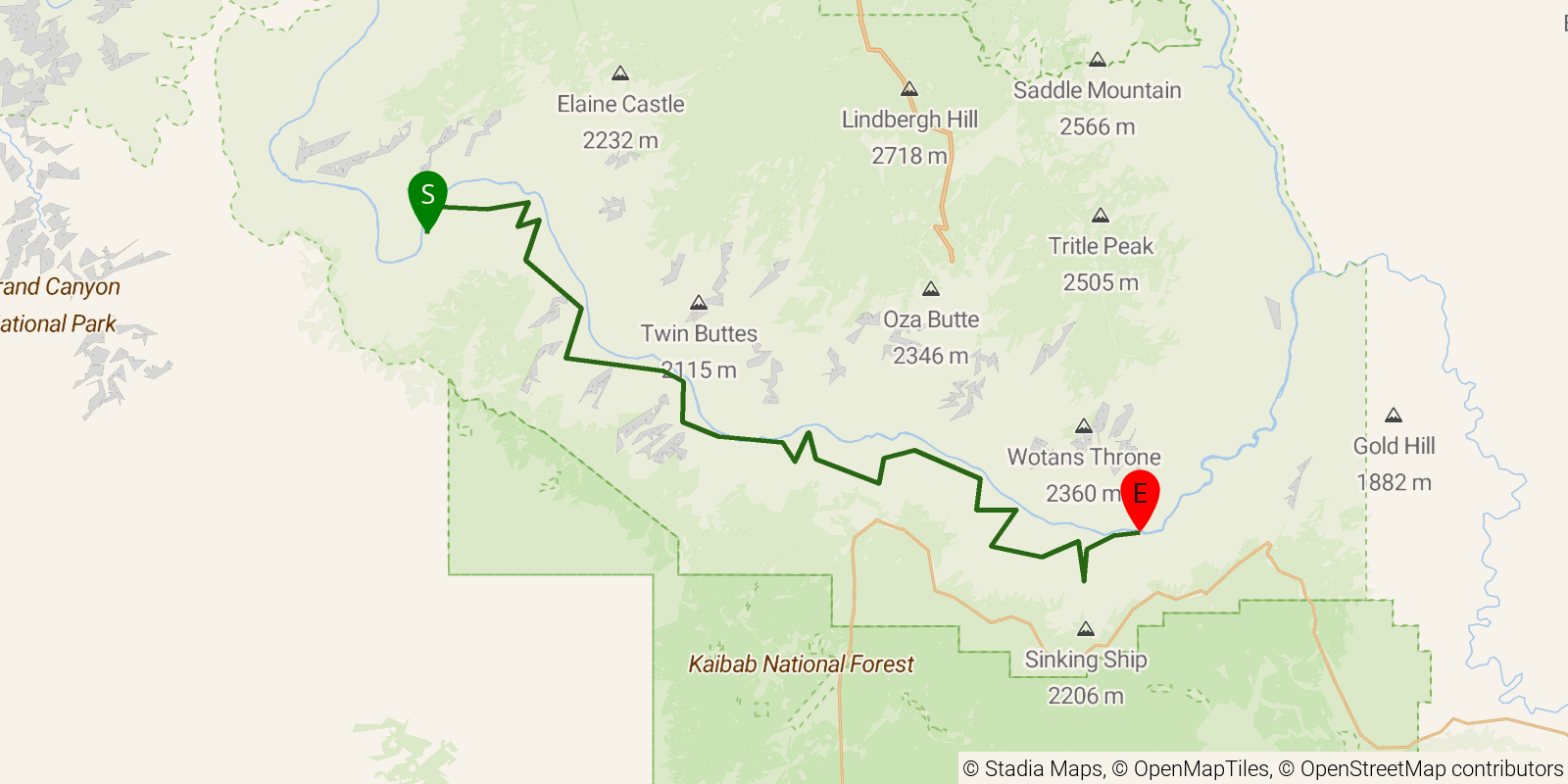 Route map of the Tonto Trail on OpenStreetMap terrain