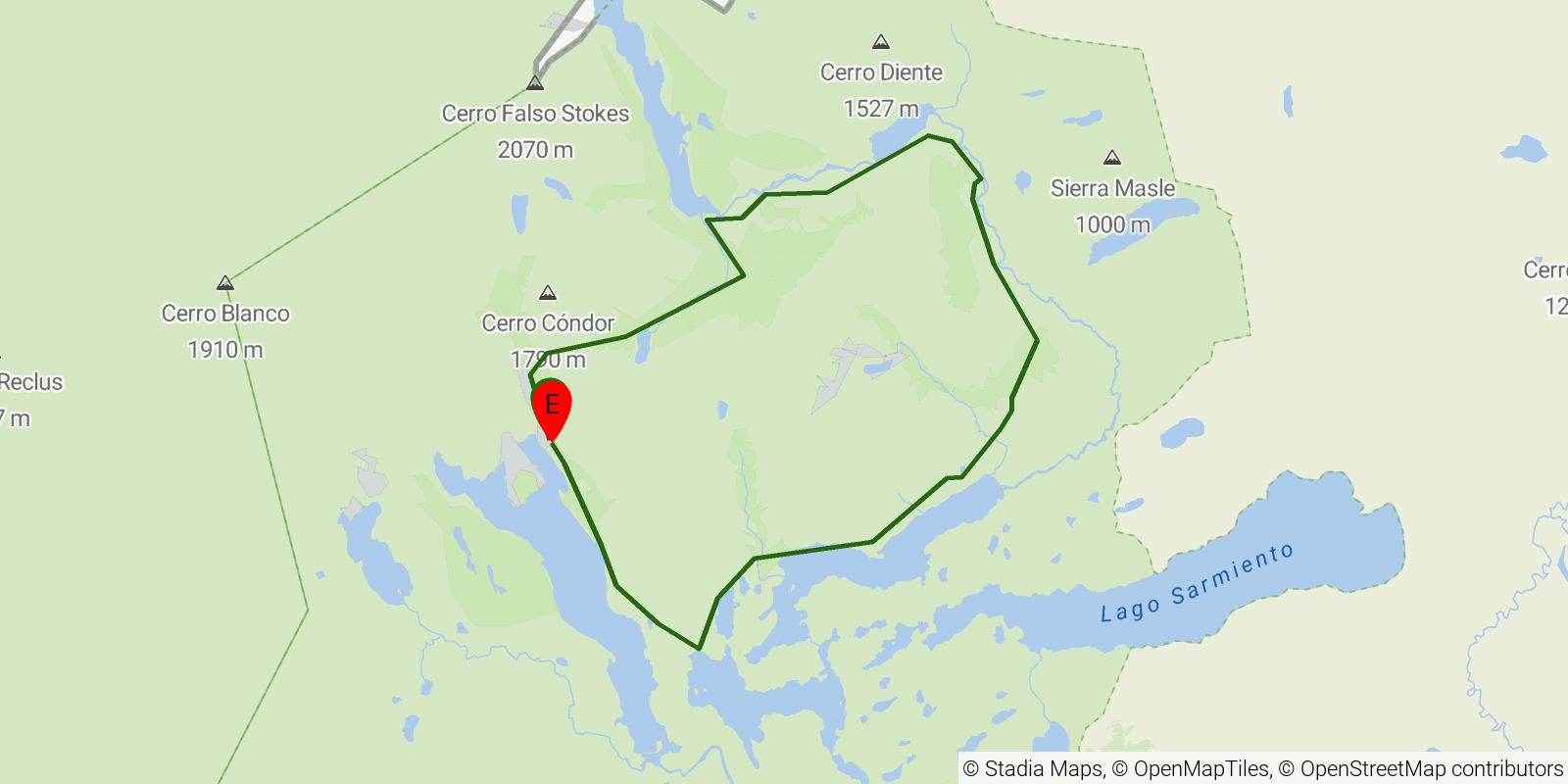 Route map of the Torres del Paine O Circuit on OpenStreetMap terrain