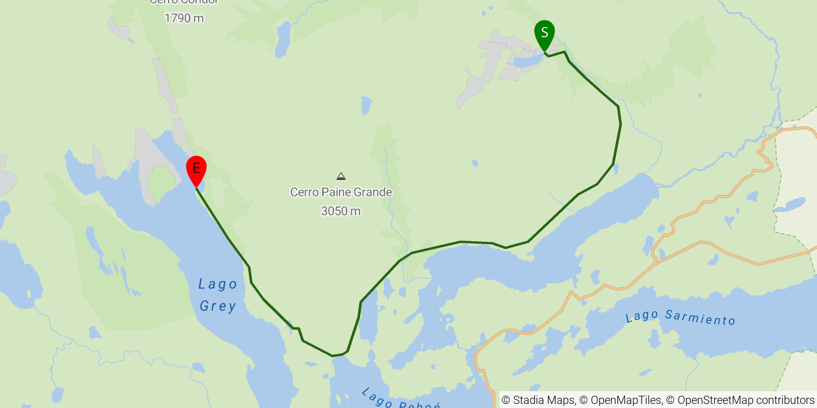 Route map of the Torres del Paine W Trek on OpenStreetMap terrain