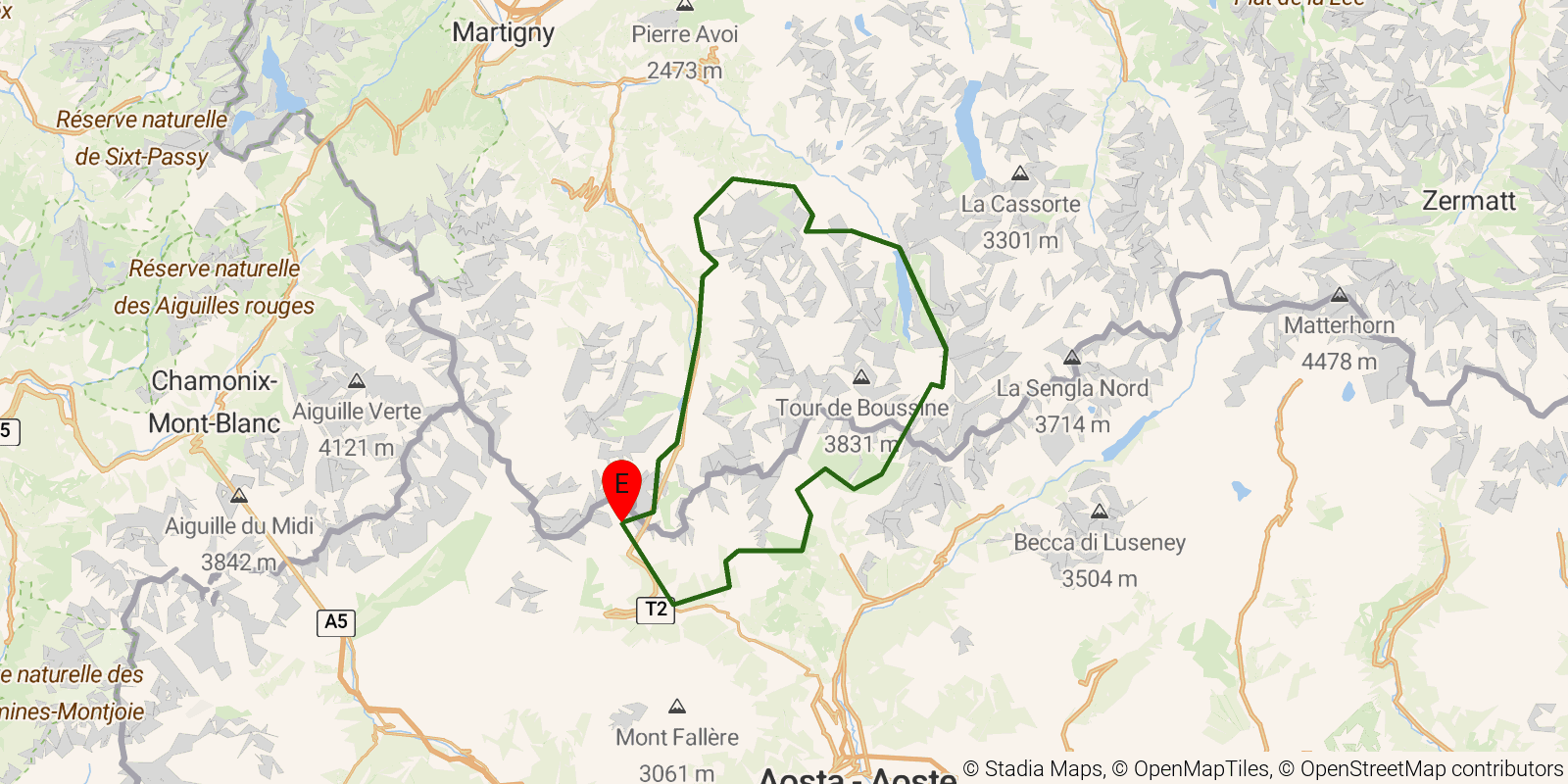 Route map of the Tour des Combins on OpenStreetMap terrain