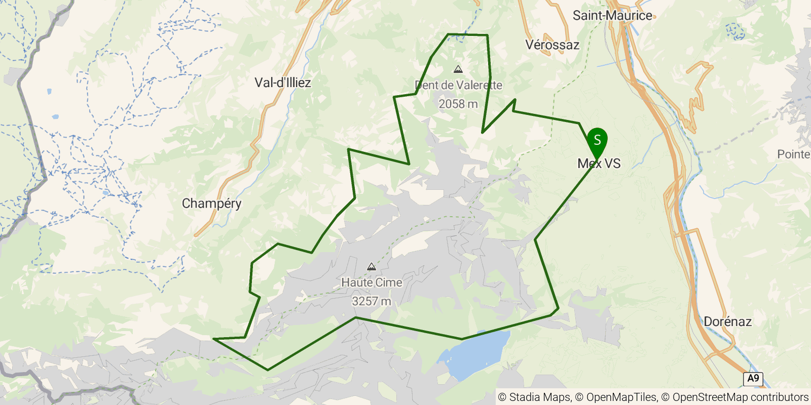 Route map of the Tour des Dents du Midi on OpenStreetMap terrain