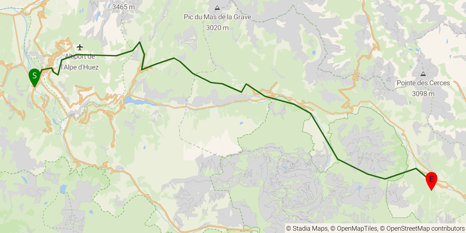 Route map of the Tour des Écrins (GR54) — Stages 1–3: Le Bourg-d'Oisans to Le Monêtier-les-Bains on OpenStreetMap terrain