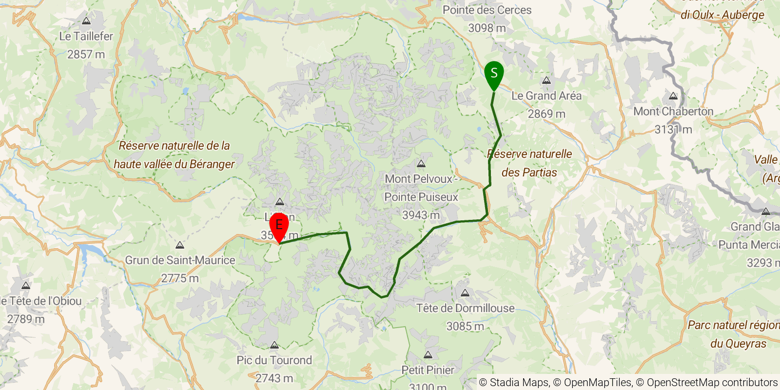 Route map of the Tour des Écrins (GR54) — Stages 4–6: Le Monêtier-les-Bains to La Chapelle-en-Valgaudémar on OpenStreetMap terrain