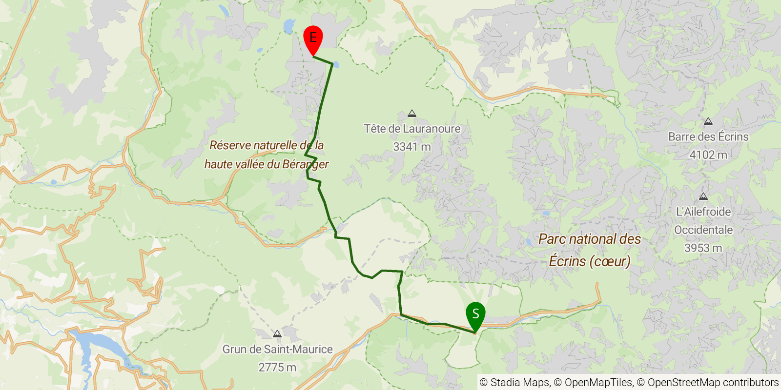 Route map of the Tour des Écrins (GR54) — Stages 7–9: La Chapelle-en-Valgaudémar to Col du Vallon on OpenStreetMap terrain