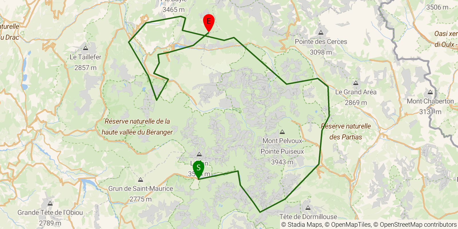 Route map of the Tour des Écrins (GR54) on OpenStreetMap terrain