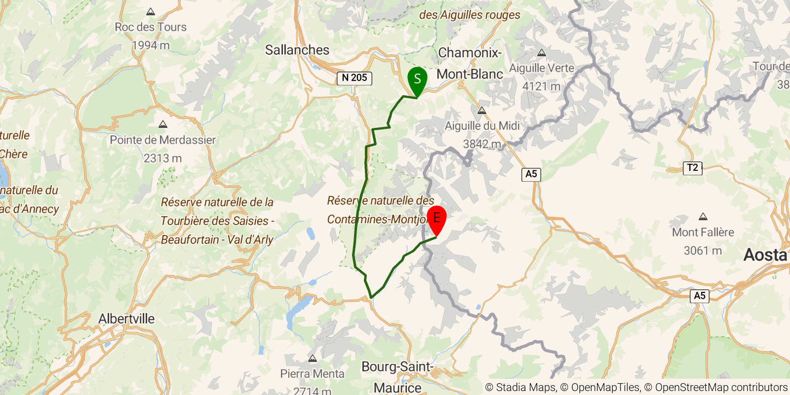 Route map of the Tour du Mont Blanc — Stages 1–3: Les Houches to Rifugio Elisabetta on OpenStreetMap terrain