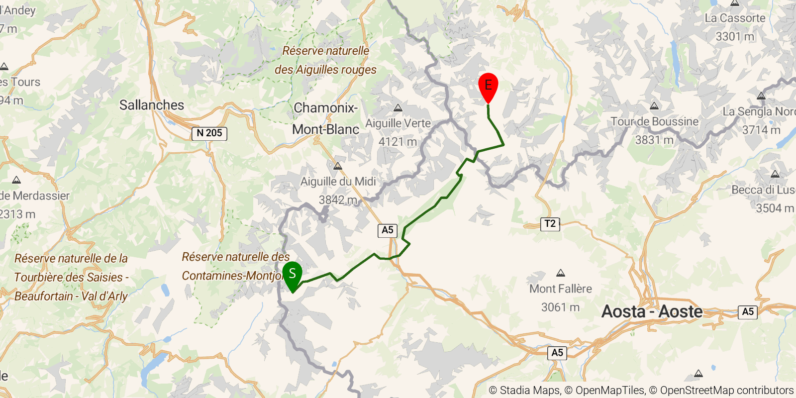 Route map of the Tour du Mont Blanc — Stages 4–6: Rifugio Elisabetta to La Fouly on OpenStreetMap terrain