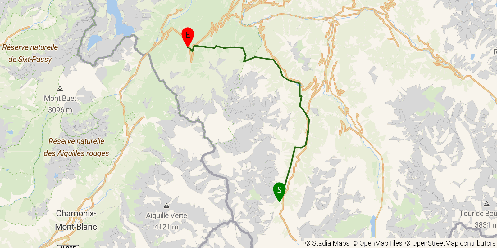 Route map of the Tour du Mont Blanc — Stages 7–8: La Fouly to Trient on OpenStreetMap terrain