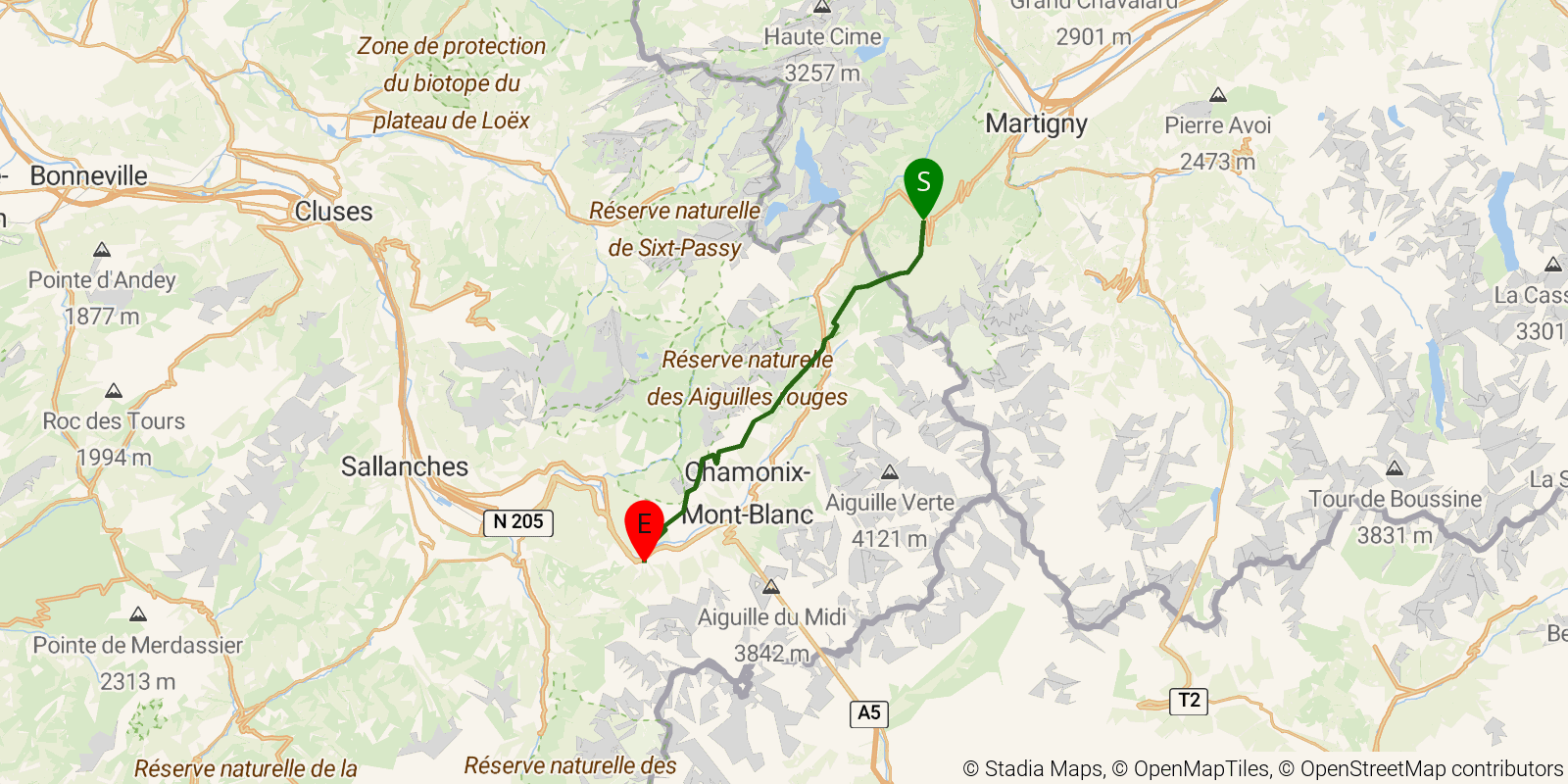 Route map of the Tour du Mont Blanc — Stages 9–11: Trient to Les Houches on OpenStreetMap terrain