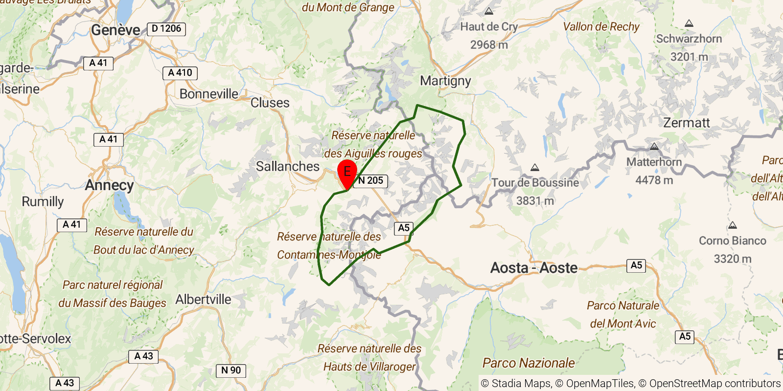 Route map of the Tour du Mont Blanc on OpenStreetMap terrain