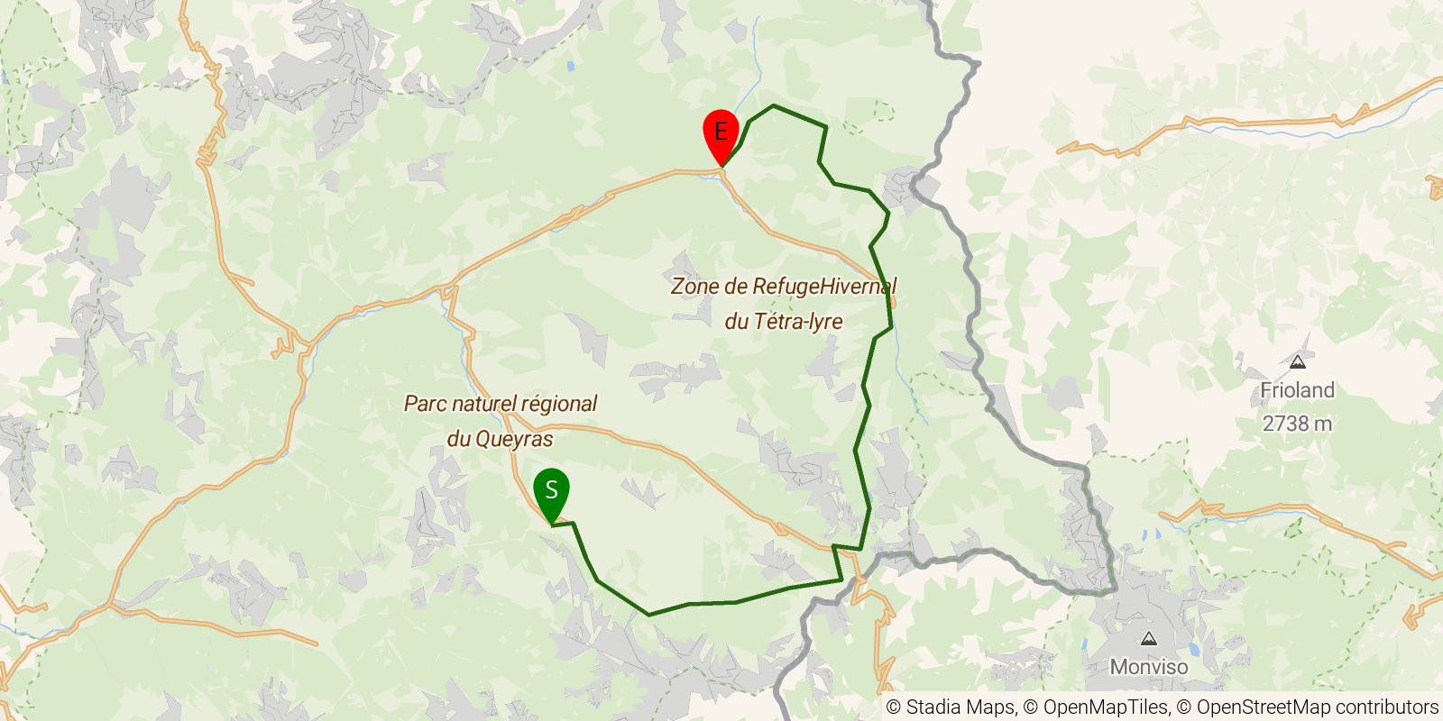 Route map of the Tour du Queyras (GR58) — Stages 3–4: Saint-Véran to Abriès on OpenStreetMap terrain
