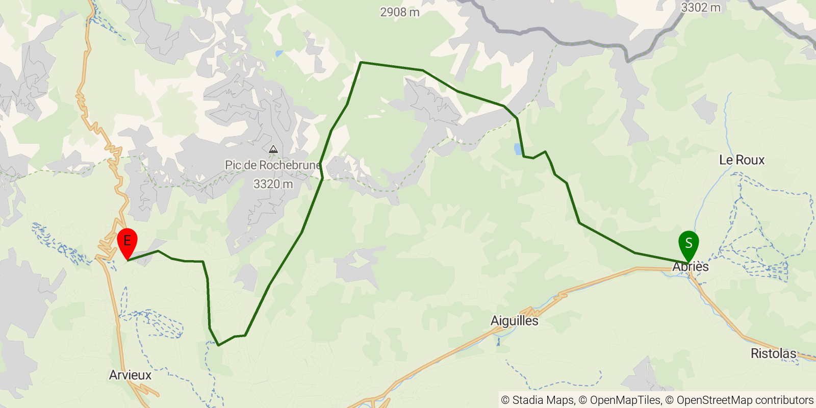 Route map of the Tour du Queyras (GR58) — Stages 5–6: Abriès to Brunissard on OpenStreetMap terrain