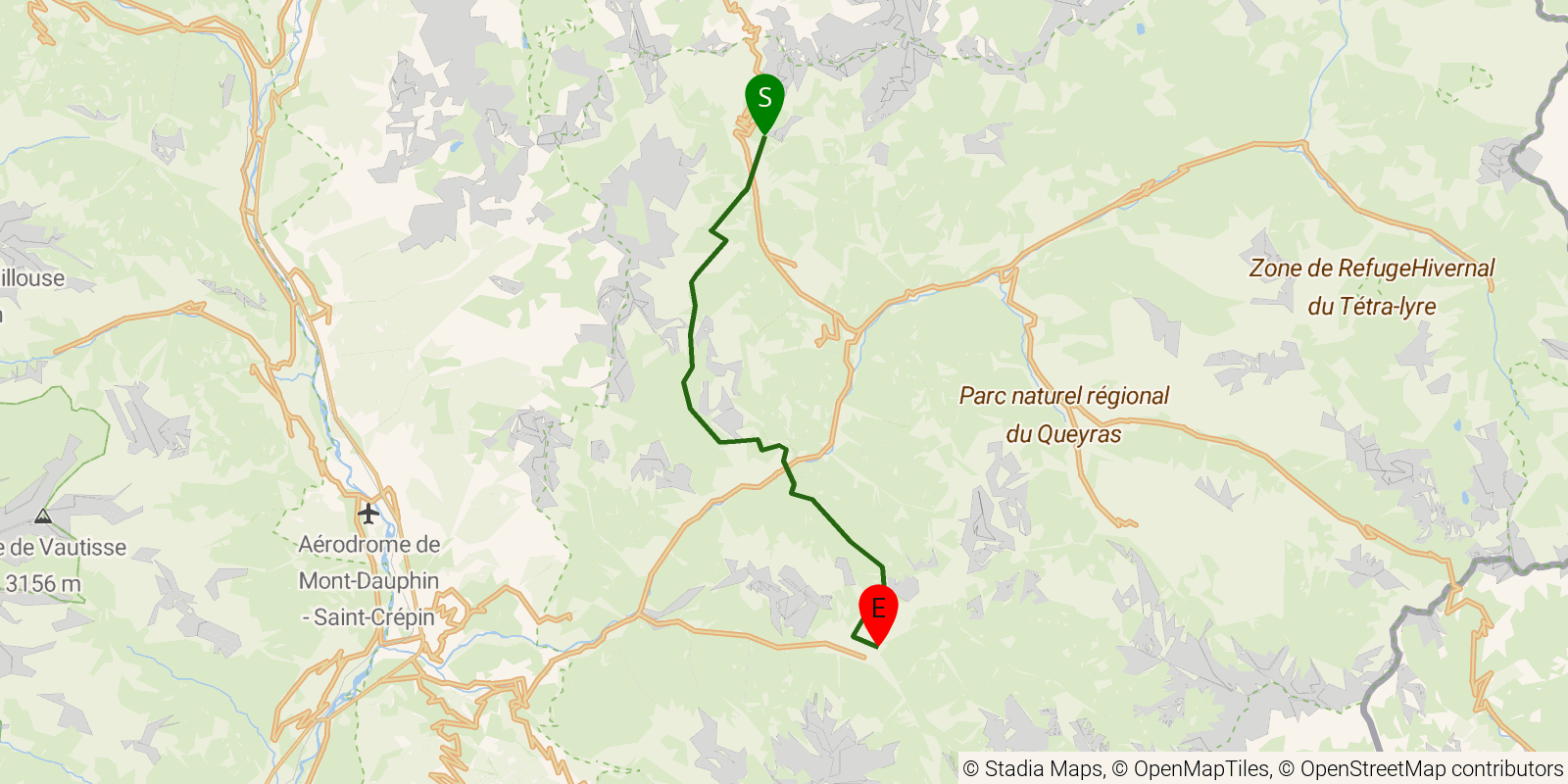 Route map of the Tour du Queyras (GR58) — Stages 7–8: Brunissard to Ceillac on OpenStreetMap terrain
