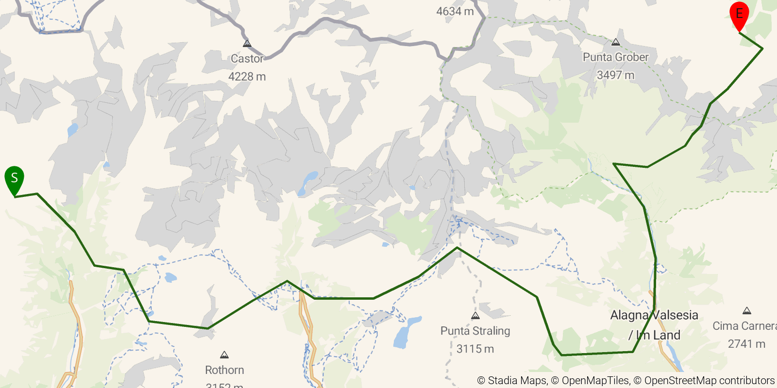 Route map of the Tour de Monte Rosa — Stages 3–5: Resy to Macugnaga Staffa on OpenStreetMap terrain