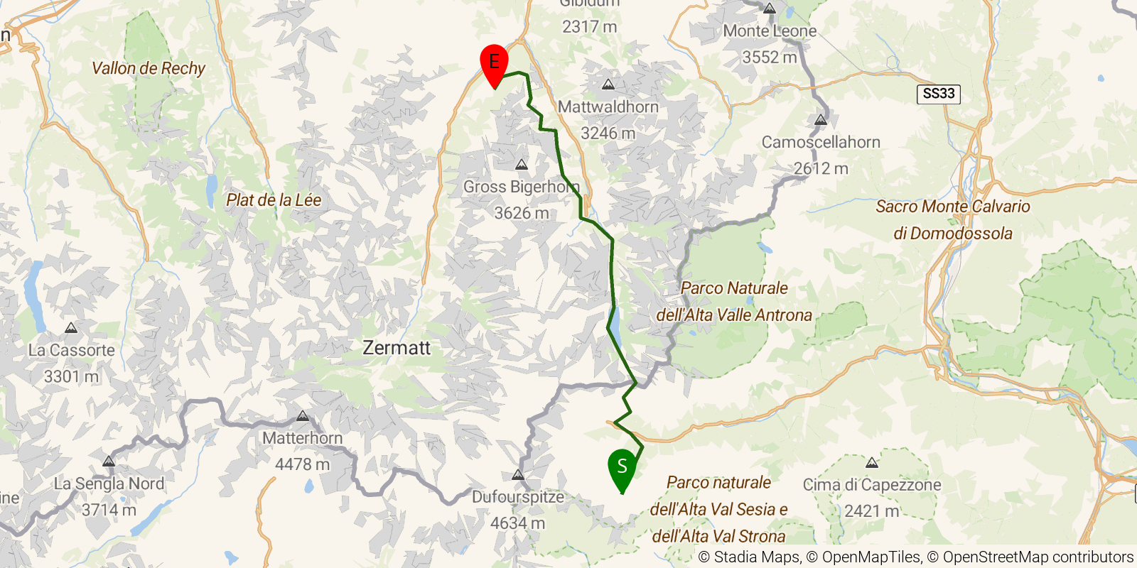 Route map of the Tour de Monte Rosa — Stages 6–7: Macugnaga Staffa to Grächen on OpenStreetMap terrain