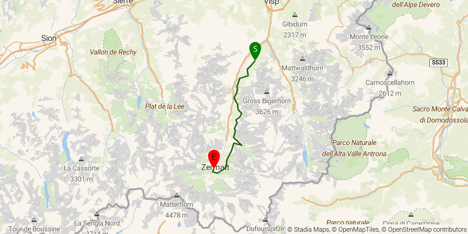 Route map of the Tour de Monte Rosa — Stages 8–9: Grächen to Zermatt on OpenStreetMap terrain