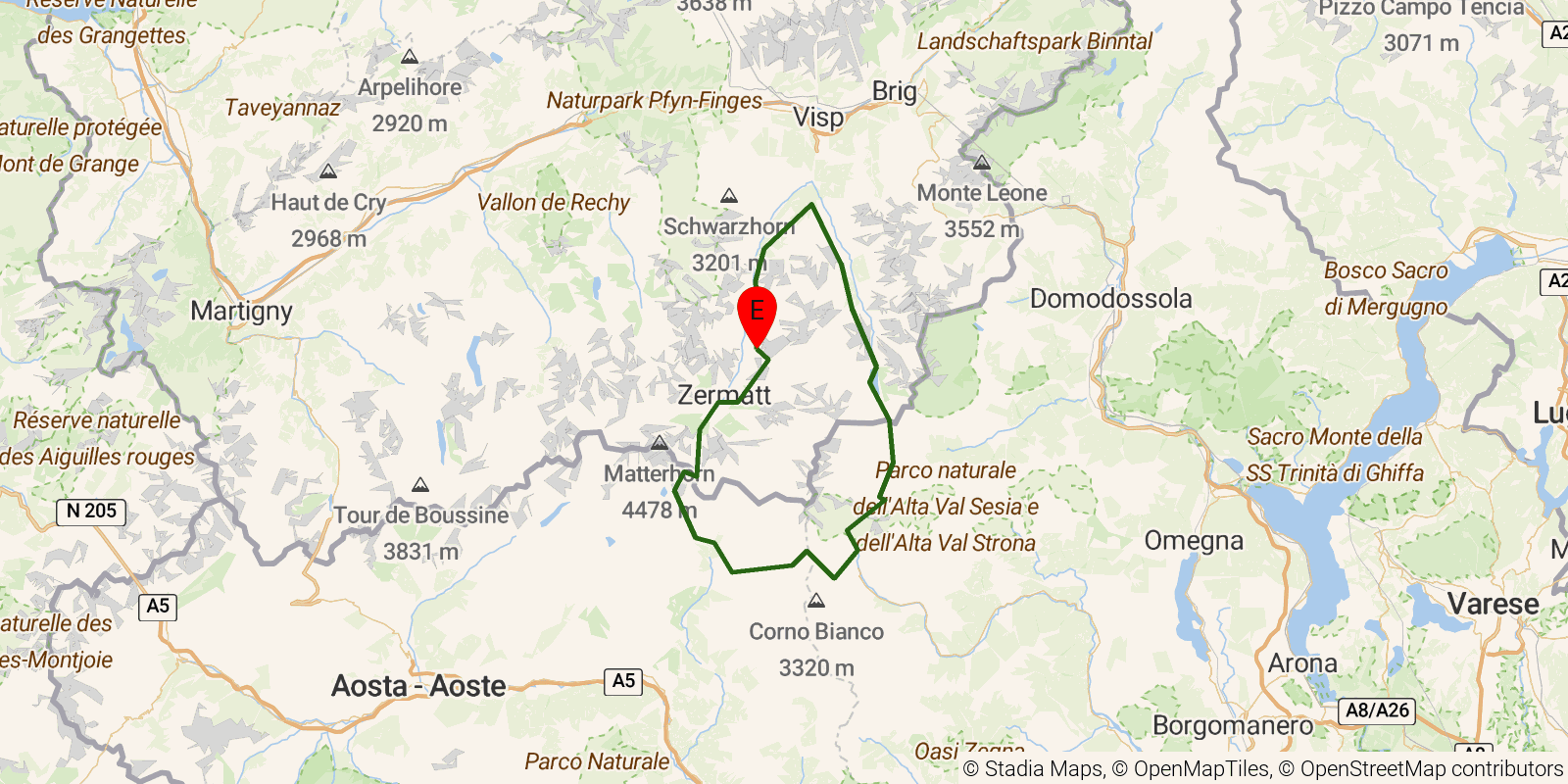 Route map of the Tour de Monte Rosa on OpenStreetMap terrain