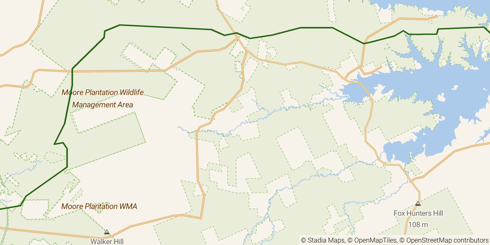 Route map of the Trail Between the Lakes on OpenStreetMap terrain