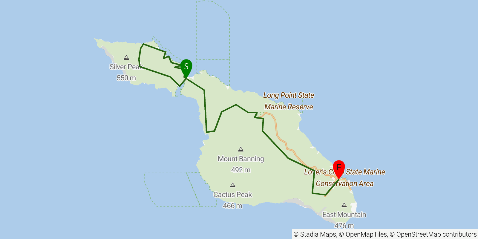 Route map of the Trans-Catalina Trail on OpenStreetMap terrain